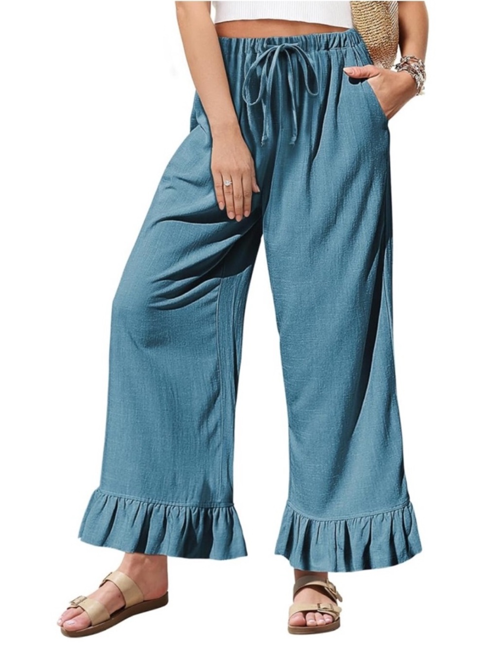 Wide-Leg Ruffle Hem Pants in Teal Blue